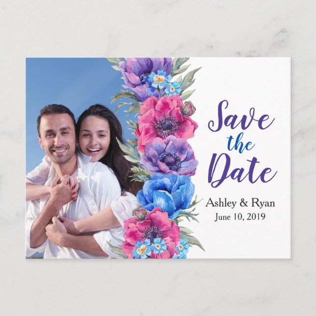 Carte Postale Faire-part Anémone Photo Fleurs Mariage Économisez la Date (Devant)