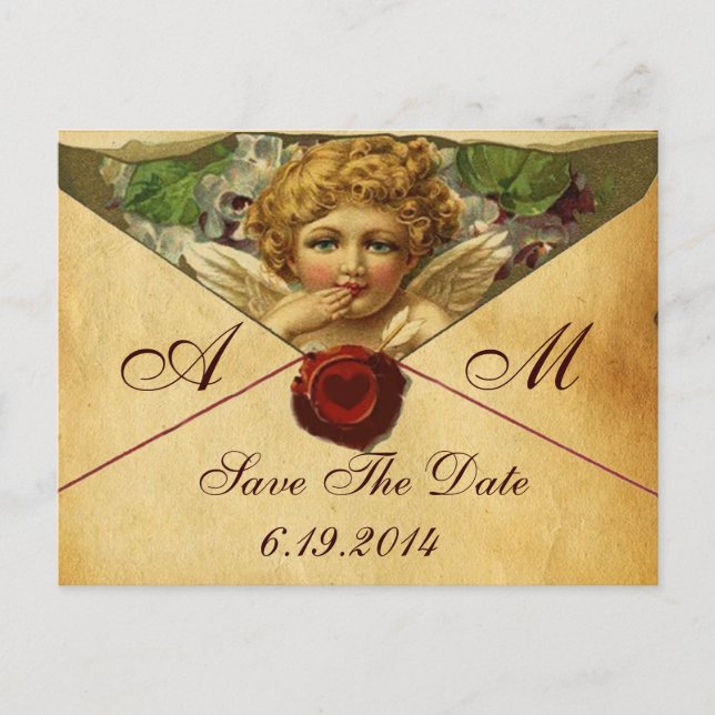 Carte Postale Faire-part ANGEL HEART WAX SEAL PARCHMENT SAUVER DATE Monogra (Devant)