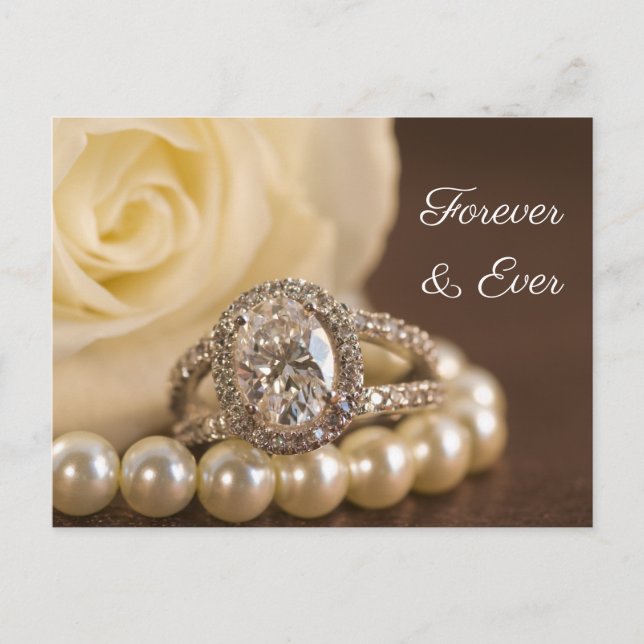 Carte Postale Faire-part Anneau de diamant ovale Rose blanche Mariage Enreg (Devant)