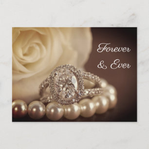 Carte Postale Faire-part Anneau de diamant ovale Rose blanche Mariage Enreg