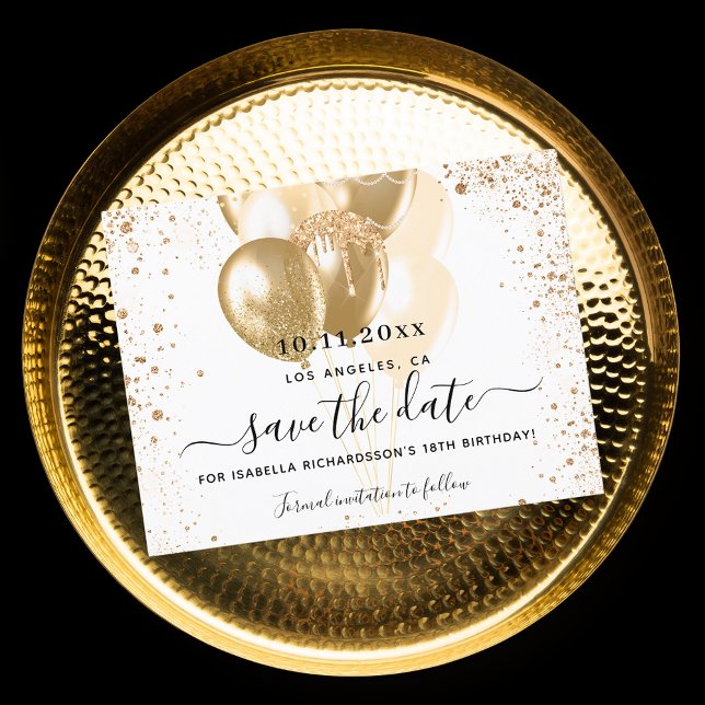 Carte Postale Faire-part Anniversaire Ballons d'or blanc enregistrer la dat (Créateur téléchargé)