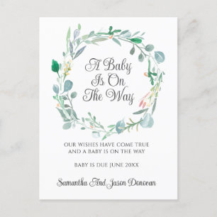 Carte Postale Faire-part Annonce de Grossesse Couronne Florale Rose Vert