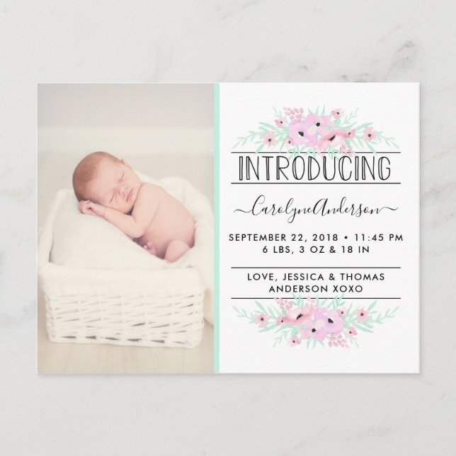 Carte Postale Faire-part Annonce de naissance Fleurs vert menthe et rose ch (Devant)