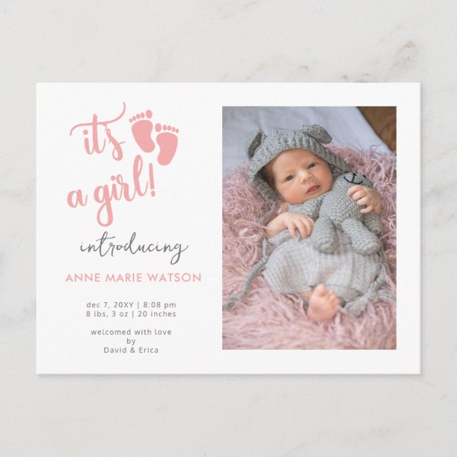 Carte Postale Faire-part Annonce de naissance Photo de Bébé Fille aux Pieds (Devant)