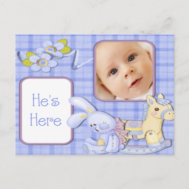Carte Postale Faire-part Annonce de naissance photo jouets bleus (Devant)