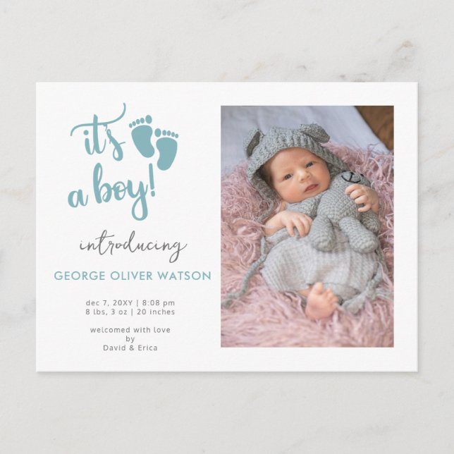 Carte Postale Faire-part Annonce de naissance Photo Pieds de bébé bleu C'es (Devant)