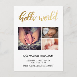 Carte Postale Faire-part Annonce de naissance Trois Photos Hello World