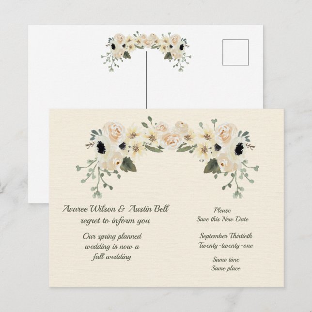 Carte Postale Faire-part Annonce de report de mariage de printemps à automn (Devant / Derrière)
