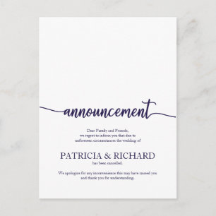Carte Postale Faire-part Annulé Mariage Navy Bleu Script