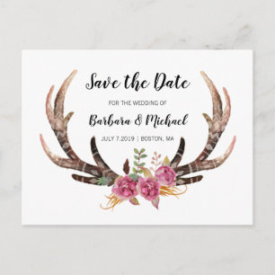 Carte Postale Faire-part Antlers aquarelle Enregistrer le Mariage campagnar