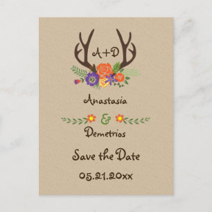 Carte Postale Faire-part Antlers & fleurs mariage monogramme Enregistrer la