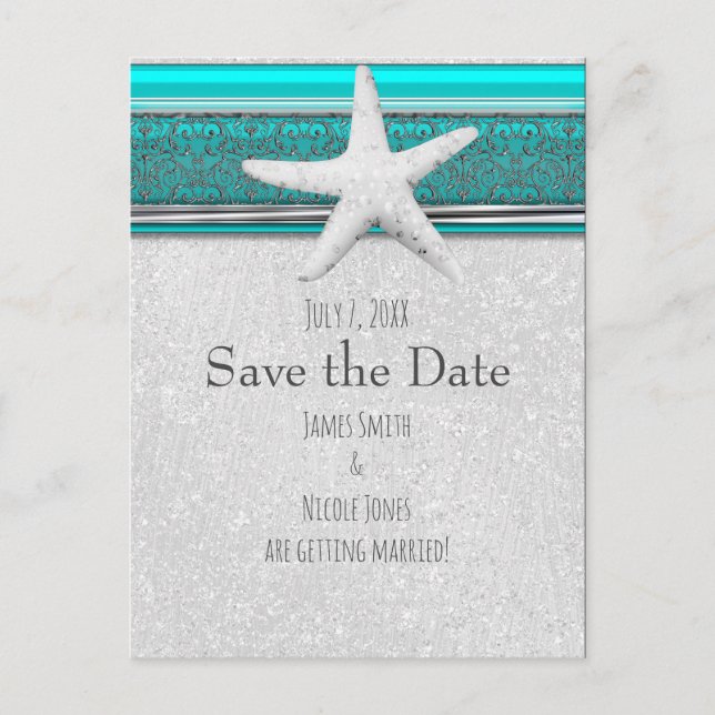 Carte Postale Faire-part Aqua Blue & Silver Starfish Plage Enregistrer la D (Devant)