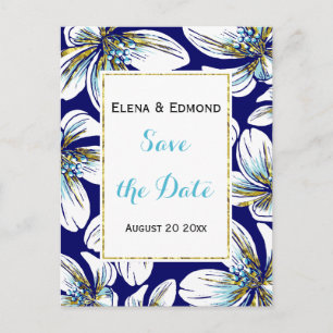 Carte Postale Faire-part Aqua, feuille d'or floral marine mariage Enregistr