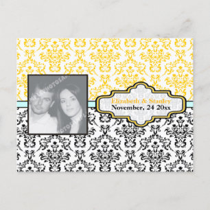 Carte Postale Faire-part Aqua jaune noir mariage damassé Enregistrer la dat