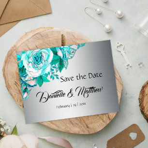 Carte Postale Faire-part Aqua Roses et Noces d'Argent Enregistrer la Date