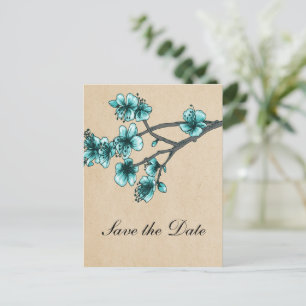 Carte Postale Faire-part Aqua Vintage Cherry Blossoms Enregistrer la date