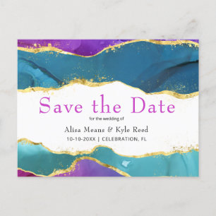 Carte Postale Faire-part Aquarelle Abstraite Encre Fuchsia Rose Turquoise O