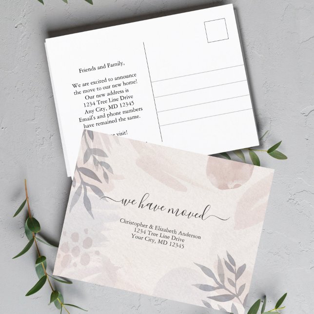 Carte Postale Faire-part Aquarelle botanique rose gris (Boho Pink Gray Watercolor Abstract Sjhapes Botanical Postcard Moving Announcement)