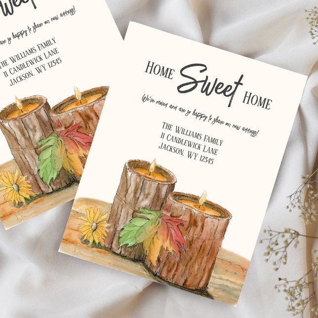 Carte Postale Faire-part Aquarelle Bougies En Bois En Automne ("Invite the spirit of autumn into your move with these rustic candles.)