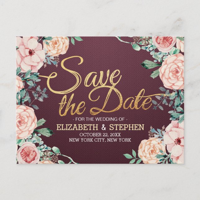 Carte Postale Faire-part Aquarelle Bourgogne Mariage floral Enregistrer la  (Devant)