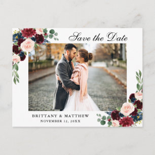 Carte Postale Faire-part Aquarelle Burgundy Bleu Floral Enregistrer la date
