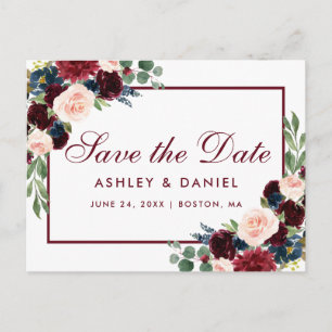 Carte Postale Faire-part Aquarelle Burgundy Bleu Floral Enregistrer La Date