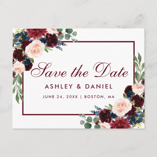 Carte Postale Faire-part Aquarelle Burgundy Bleu Floral Enregistrer La Date (Devant)