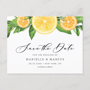 Carte Postale Faire-part Aquarelle Citrons et Oranges Enregistrer la date