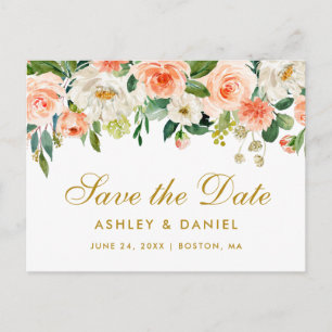 Carte Postale Faire-part Aquarelle Coral Floral Or Enregistrer la date