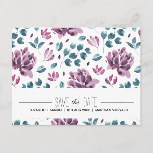 Carte Postale Faire-part Aquarelle de pivoine violette Enregistrer la date