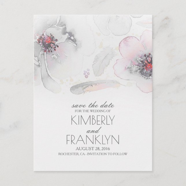 Carte Postale Faire-part Aquarelle de plumes florales de saumons gris Boho  (Devant)