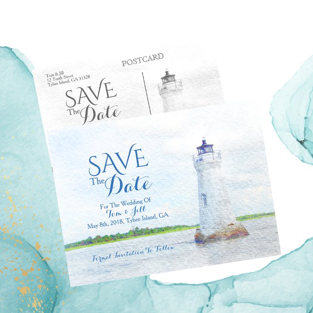 Carte Postale Faire-part Aquarelle du phare de Cockspur Enregistrer la date (Créateur téléchargé)