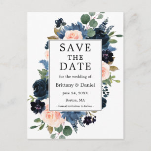 Carte Postale Faire-part Aquarelle Dusty Blue Rose Floral Enregistrer La Da
