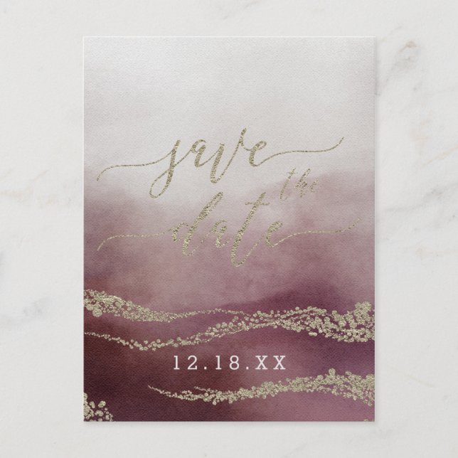 Carte Postale Faire-part Aquarelle en Cranberry Mariage Économisez la Date (Devant)