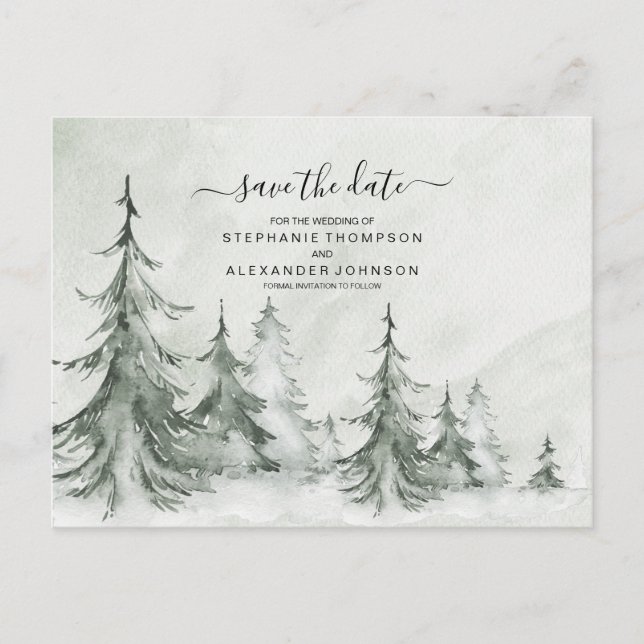 Carte Postale Faire-part Aquarelle Fir Trees Mariage d'hiver (Devant)