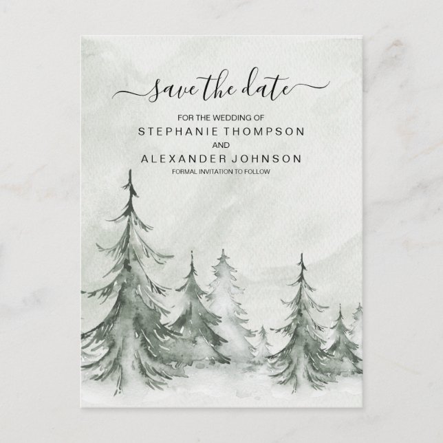 Carte Postale Faire-part Aquarelle Fir Trees Mariage d'hiver (Devant)