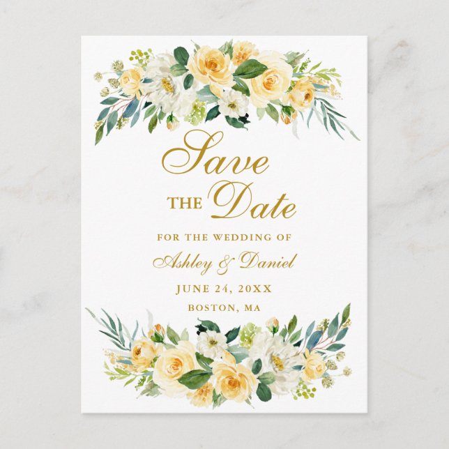 Carte Postale Faire-part Aquarelle Fleurs Jaunes et Blanches Or Save the Da (Devant)
