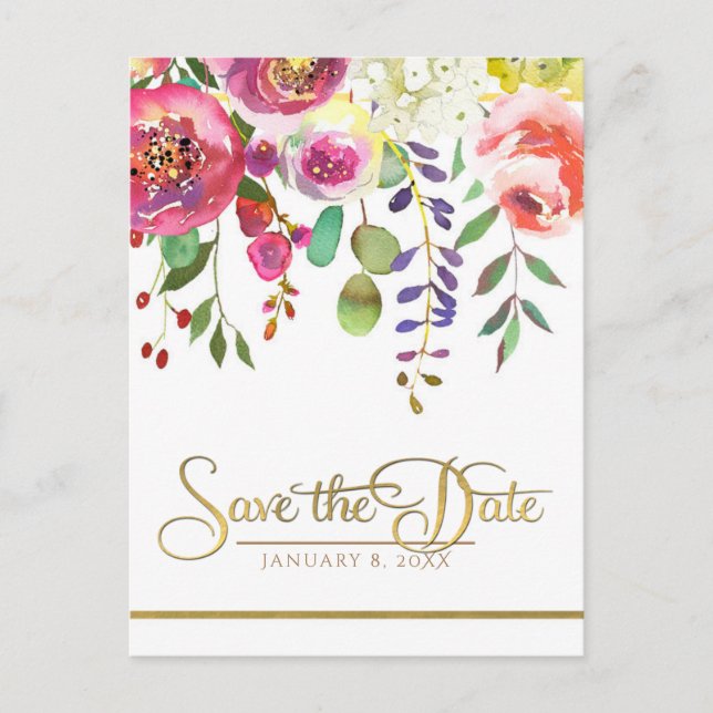 Carte Postale Faire-part Aquarelle Floral Flowers Moderne Enregistrer la da (Devant)