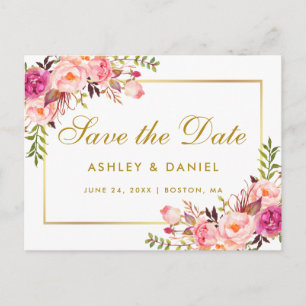 Carte Postale Faire-part Aquarelle Floral Rose Blush Or Enregistrer La Date