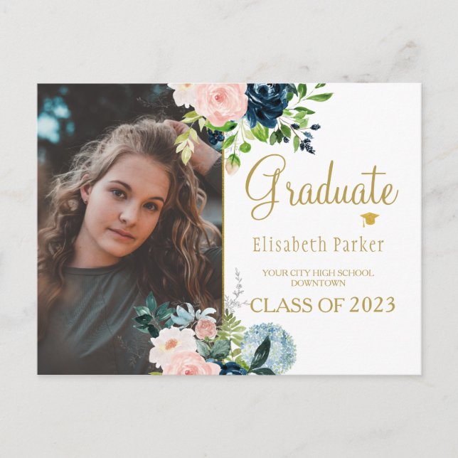 Carte Postale Faire-part Aquarelle florale élégante graduation photo (Devant)