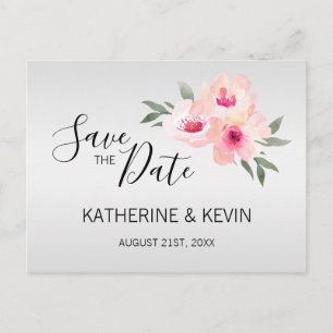 Carte Postale Faire-part Aquarelle Gris Rose Mariage Floral ENREGISTRER LA 