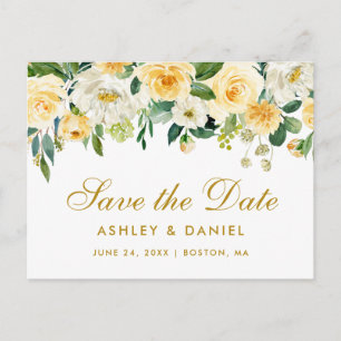 Carte Postale Faire-part Aquarelle Jaune Or Blanc Floral Enregistrer la dat