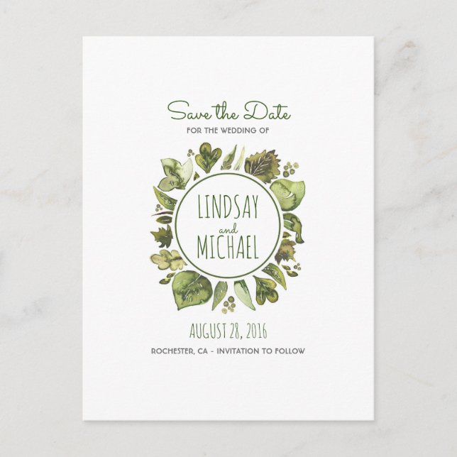 Carte Postale Faire-part Aquarelle Laurel - Verdure Wreath Enregistrer la d (Devant)