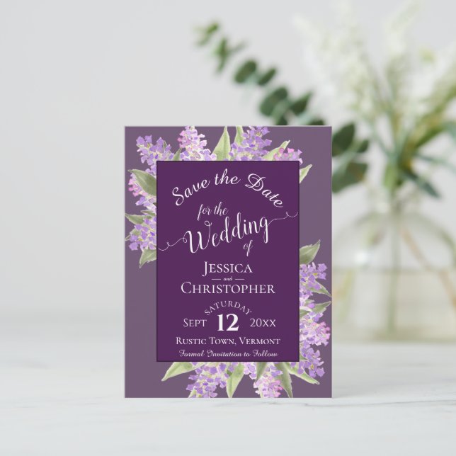 Carte Postale Faire-part Aquarelle Lilacs Mariage Enregistrer la date Purpl (Debout devant)