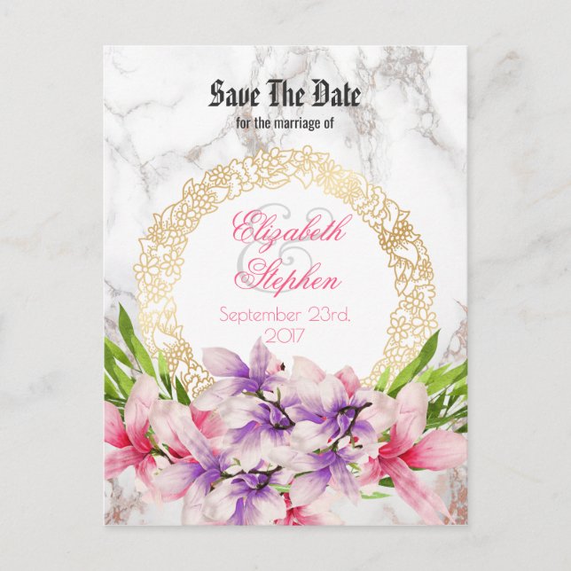 Carte Postale Faire-part Aquarelle Magnolias, Faux Marble Enregistrer la da (Devant)