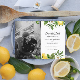 Carte Postale Faire-part Aquarelle Moderne Citrons Jaunes & Feuille