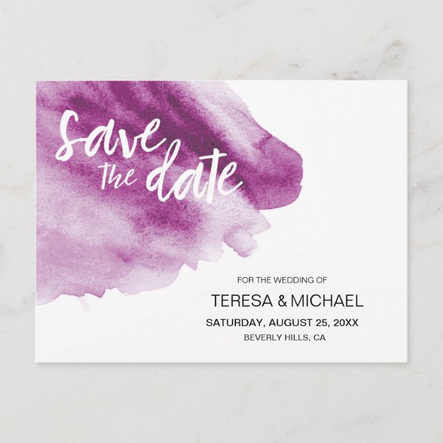 Carte Postale Faire-part Aquarelle moderne Purple Splash Enregistrer la dat (Devant)