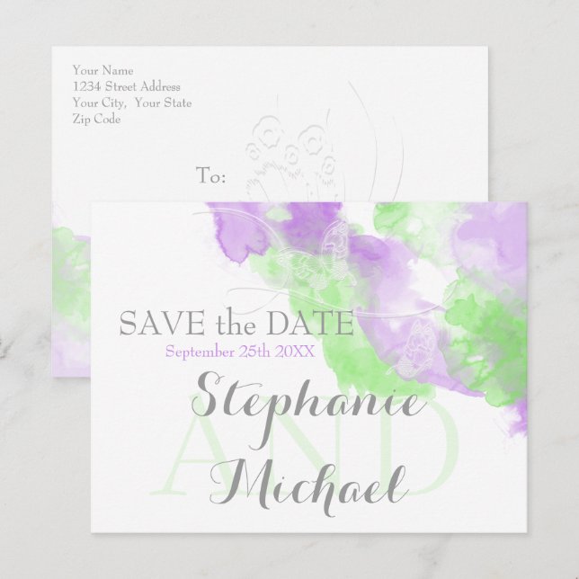 Carte Postale Faire-part Aquarelle Papillon Matcha Lilac SavetheDate (Devant / Derrière)