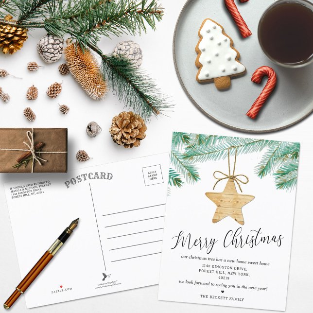 Carte Postale Faire-part Aquarelle Pine Boughs Arbre de Noël Nouveau Accuei (Créateur téléchargé)
