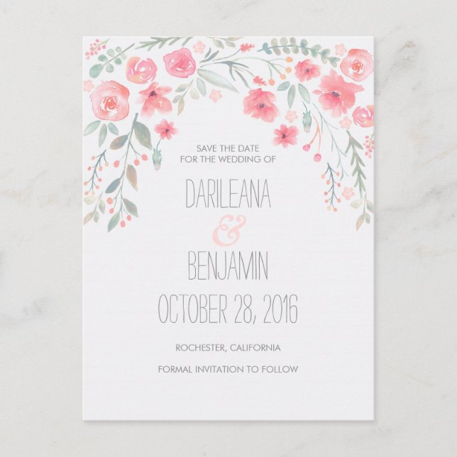 Carte Postale Faire-part Aquarelle romantique Floral Enregistrer la date (Devant)